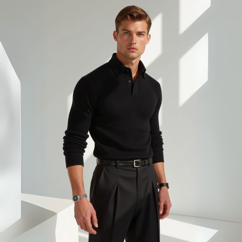 MARIVELOFASHION | POLO IN COTONE A COSTE MANICA LUNGA | NERO